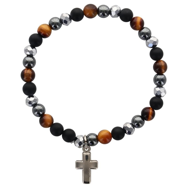 Bracelet sur élastique avec grains en verre, hématite synthétique, pierres naturelles d agate noire et œil de tigre Ø 6 mm.